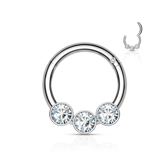 3 bezel set gem hinged clicker ring