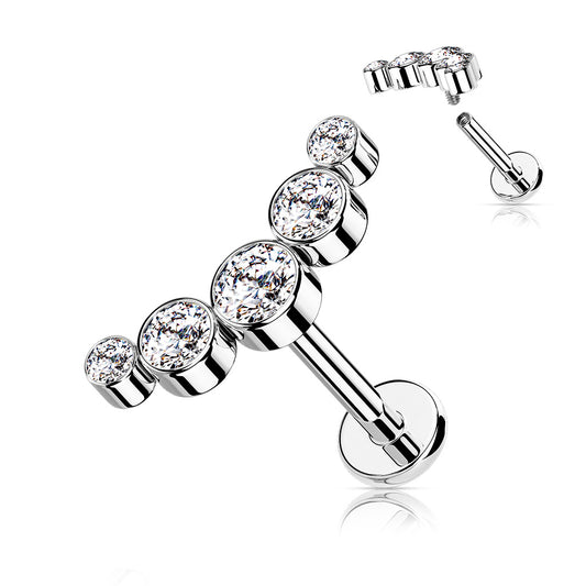 5-Round Gem Bezel Set Clear Gem Curved Helix Flat Back Stud