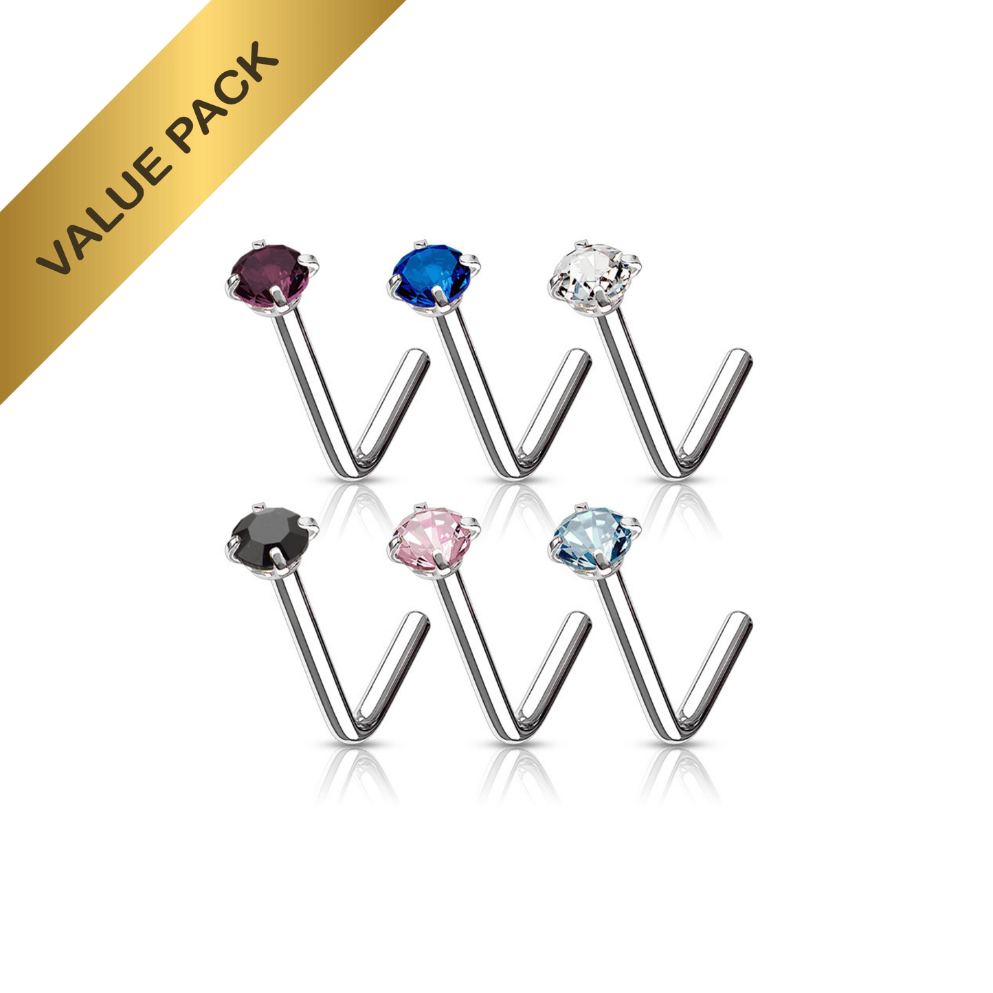 6 Prong set coloured gem 'L' Nose Stud Set