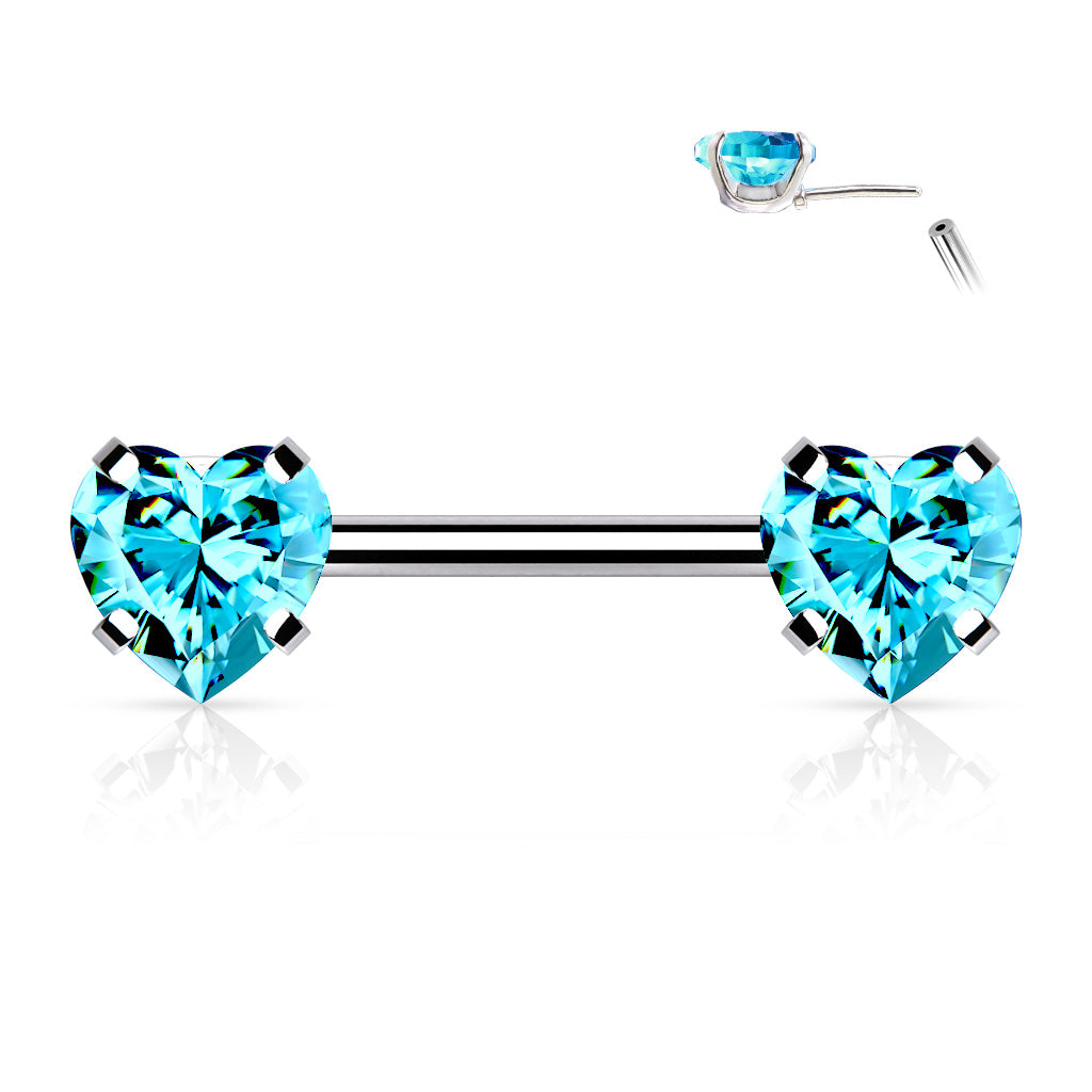 Aqua Blue Heart Gems Threadless Nipple Bar 14g