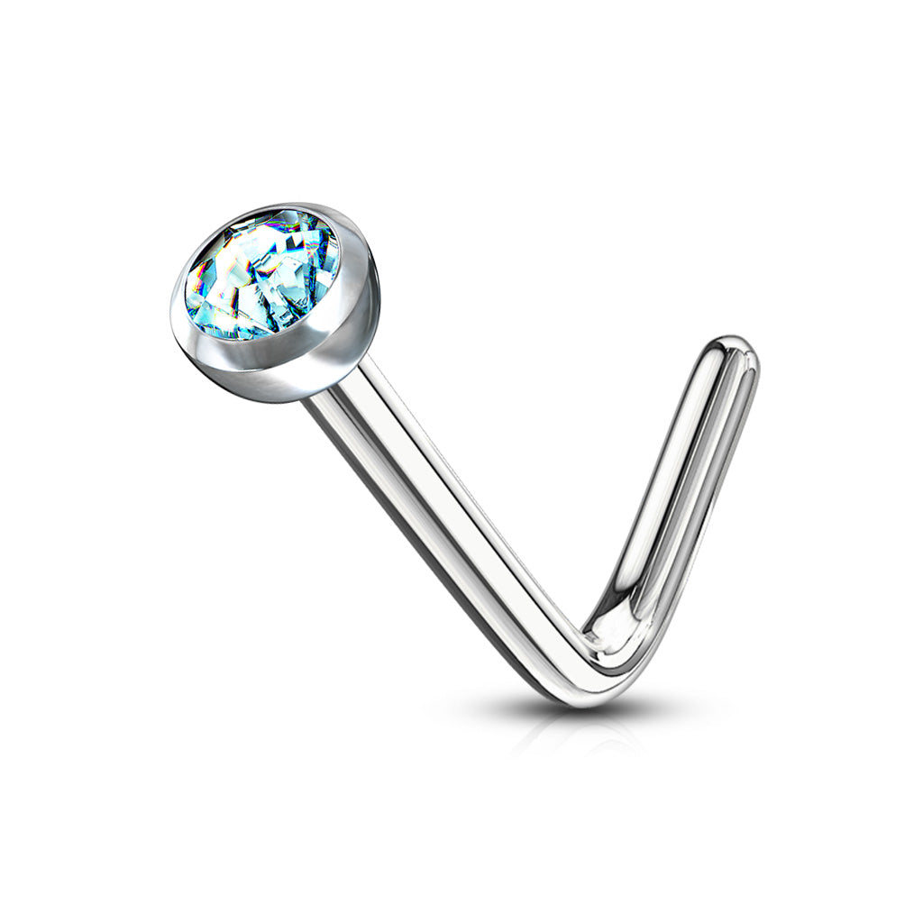 Aqua Blue Press Fit Gem Steel 'L' Bend Nose Stud