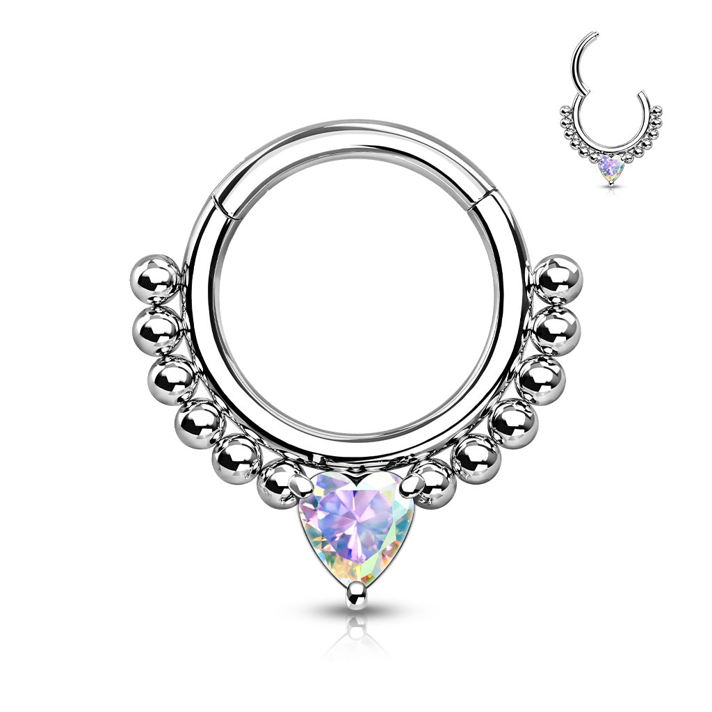 Beaded AB Heart Gem Silver Hinged Clicker Ring 16g