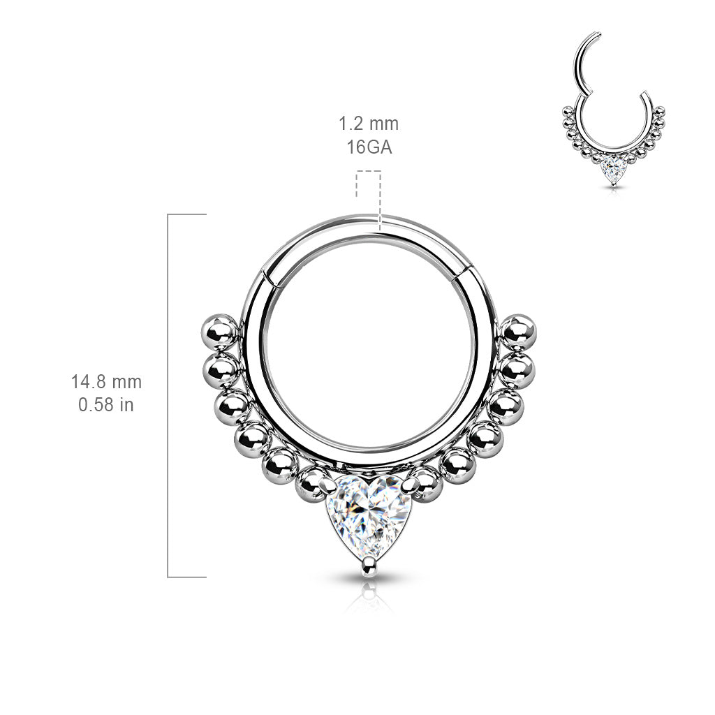 Beaded Heart Gem Silver Hinged Clicker Ring 16g dimensions