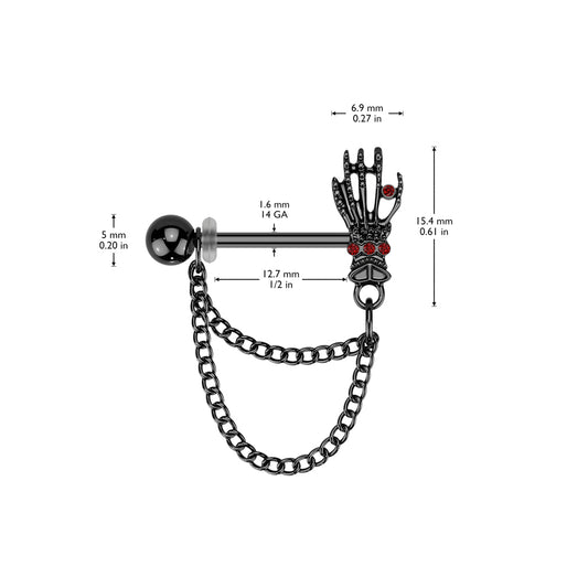 Black Skull Hand Double Chain Dangle Nipple Bar PAIR dimesnions