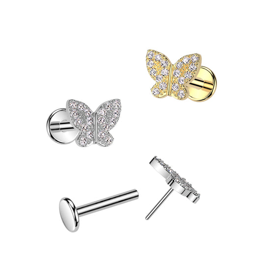 CZ Butterfly Threadless Flat Back Stud 18g-16g