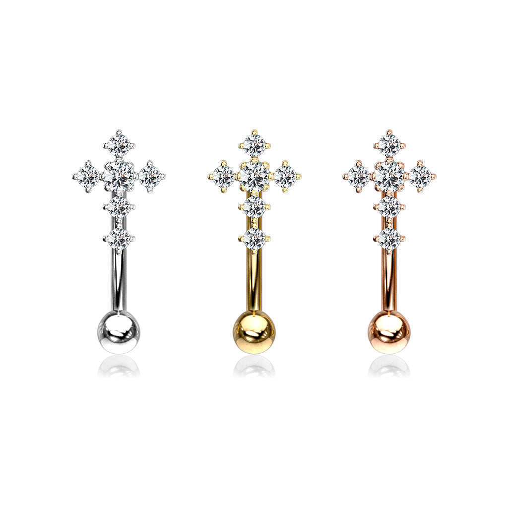 Clear Gem Cross Curved Piercing Barbell 16g range