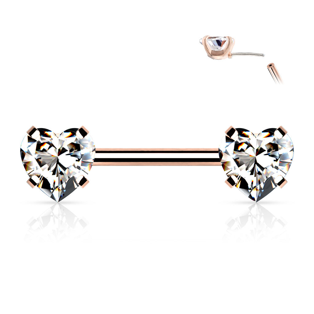 Clear Heart Gems Rose Gold Threadless Nipple Bar 14g