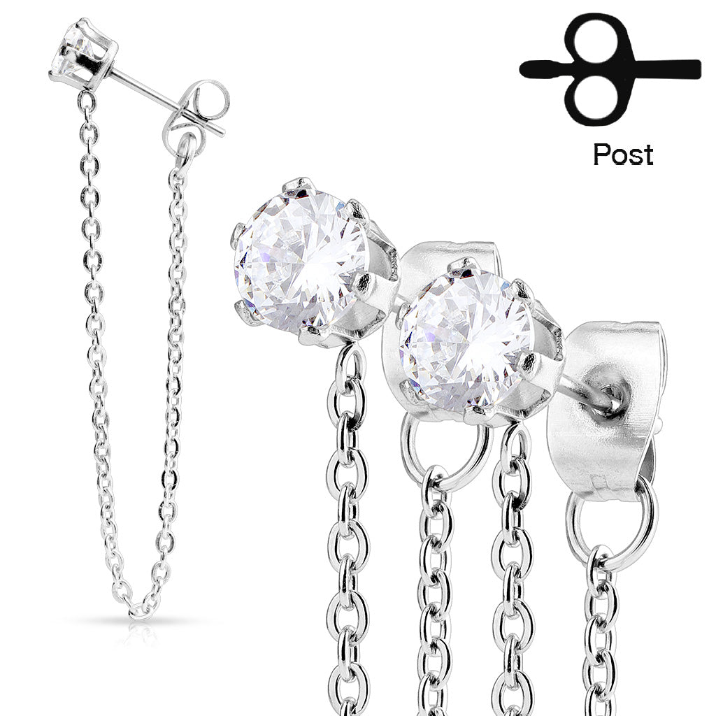 Clear Prong Gem Chain Drop Silver Steel Studs
