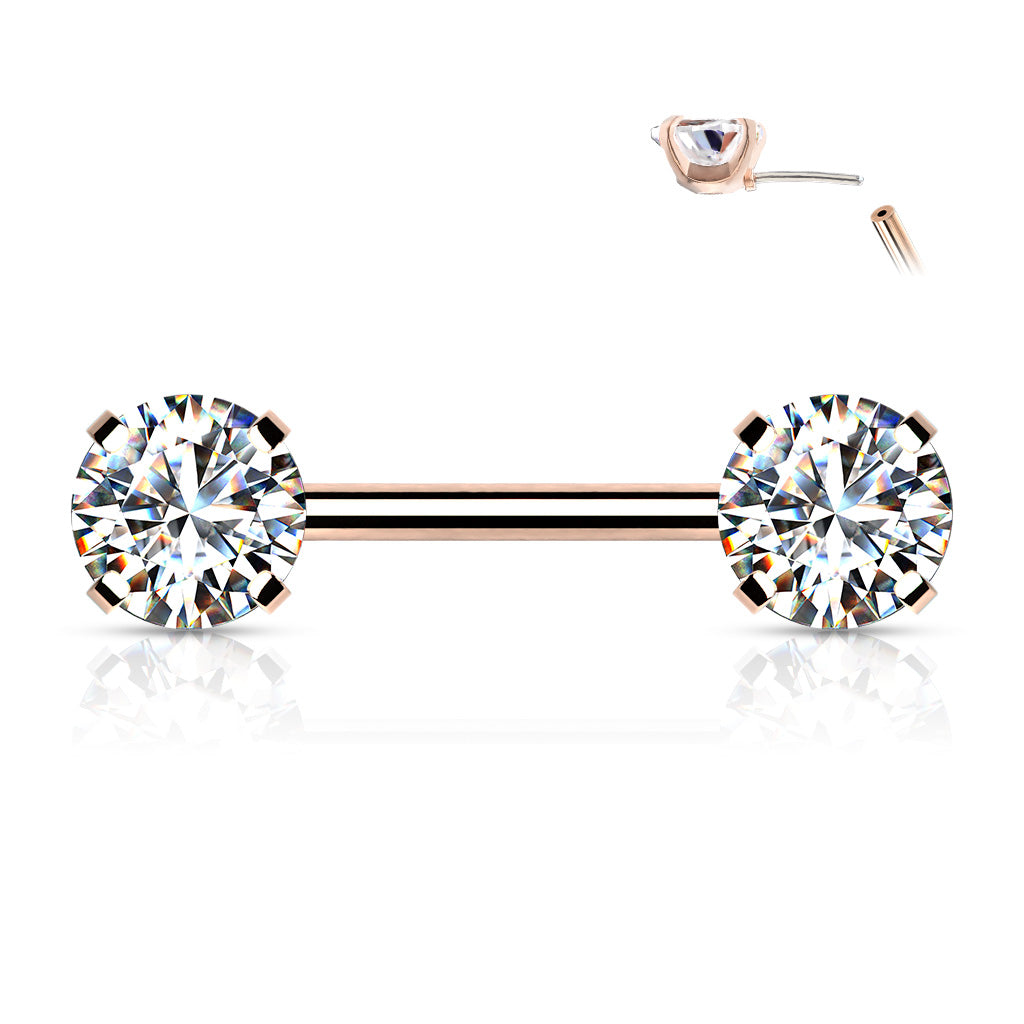 Clear Round Gems Threadless Rose Gold Nipple Bar 14g