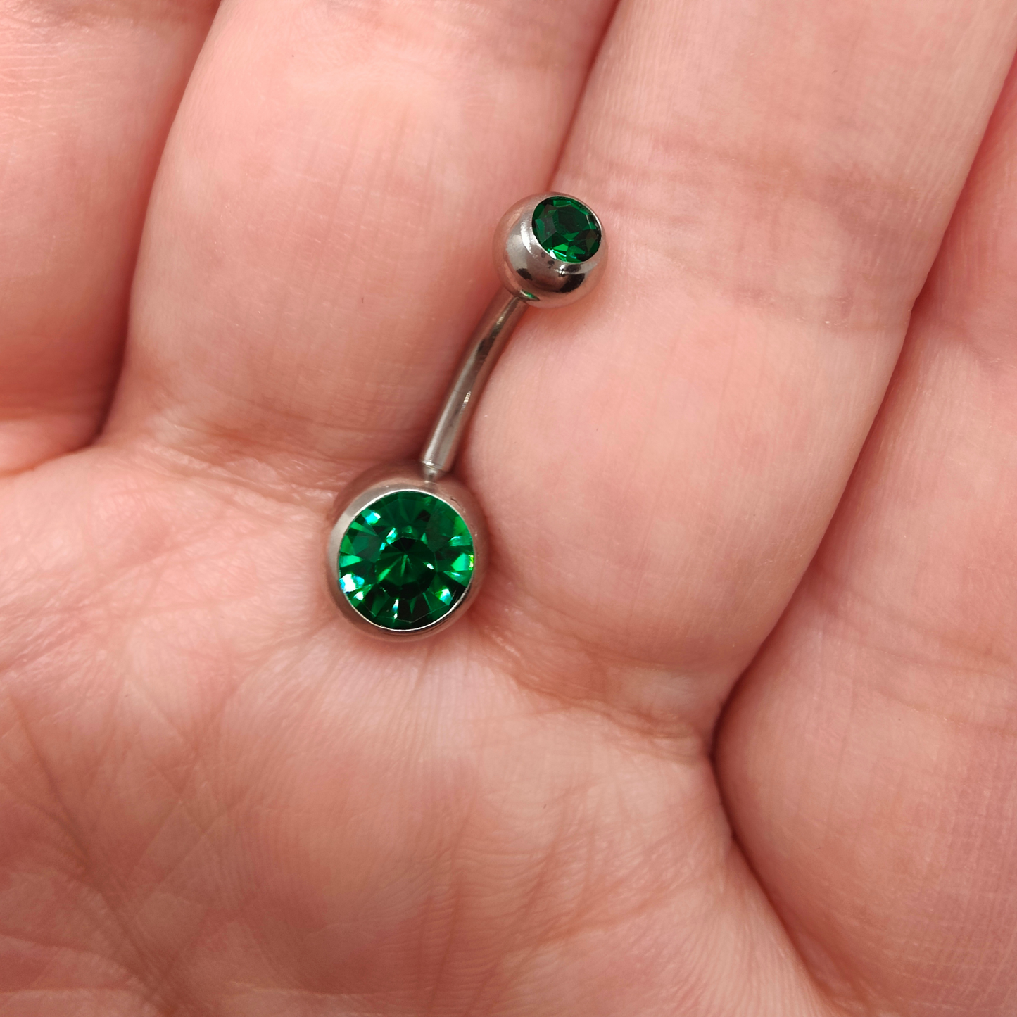 Silver Steel Dk Green Double Gem Belly Button Bar {Last One}