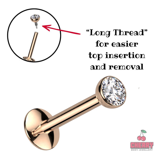 Titanium Rose Gold Clear Gem Long Thread Flat Back Stud