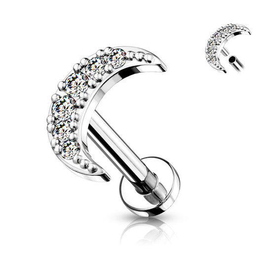 Cubic Zirconia Paved Crescent Moon Internally threaded Flat Back Stud Silver 16g