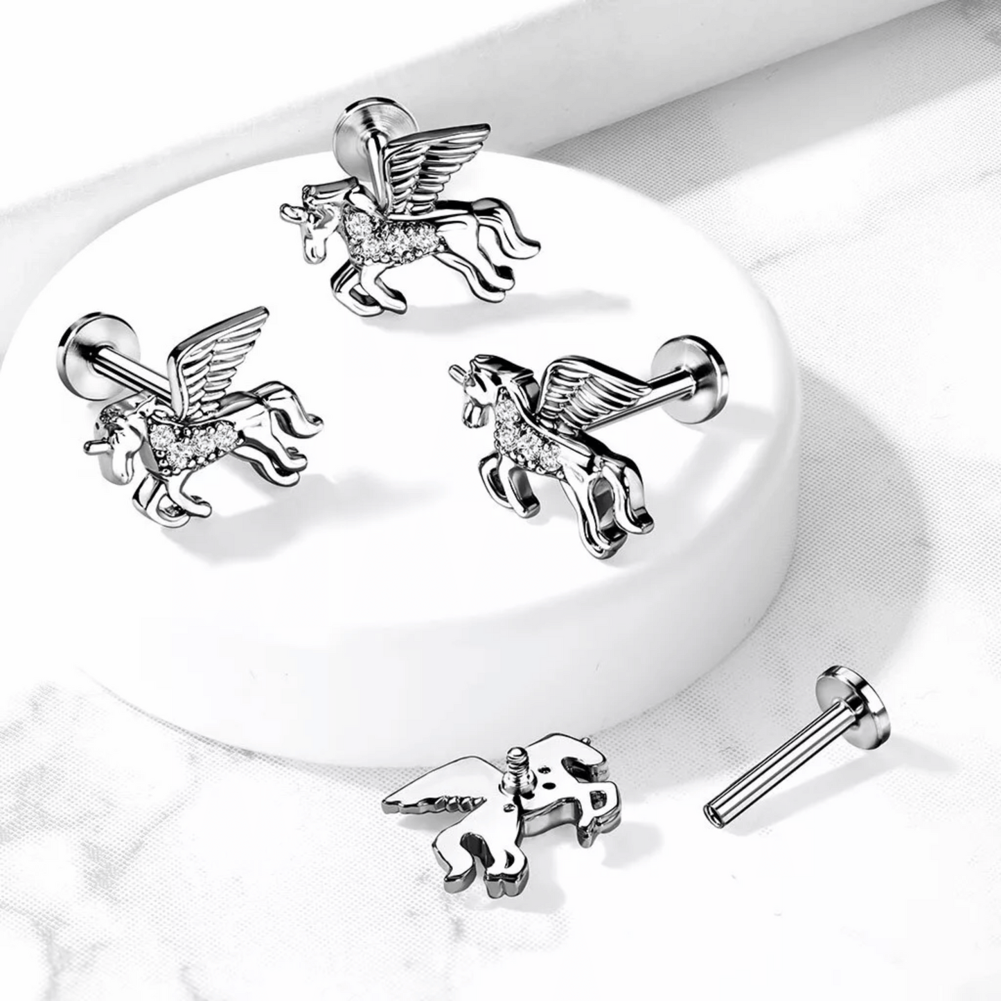 Cubic Zirconia Paved Unicorn Internally threaded Flat Back Earring
