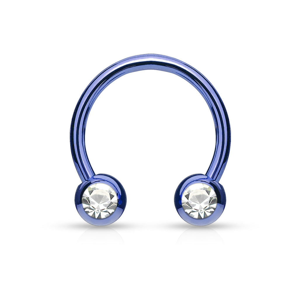 Dark Blue Steel Clear Gem Horseshoe Barbell 16g