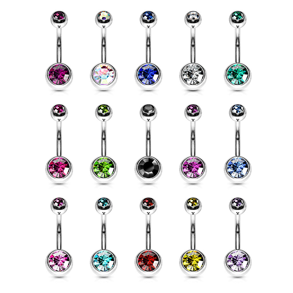 Set of belly button ring with colorful gemstones on a white background