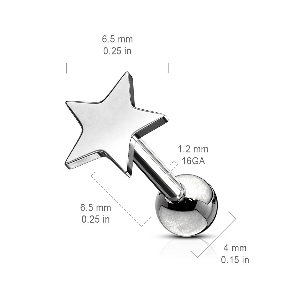 Flat Star Gold Ear Cartilage Tragus Bar 16g dimensions