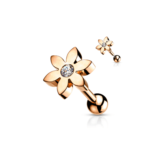 Flower Solitaire Gem Tragus Cartilage Bar Rose Gold