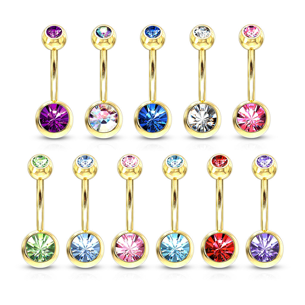 Gold Steel Double Red Gem Belly Button Bar