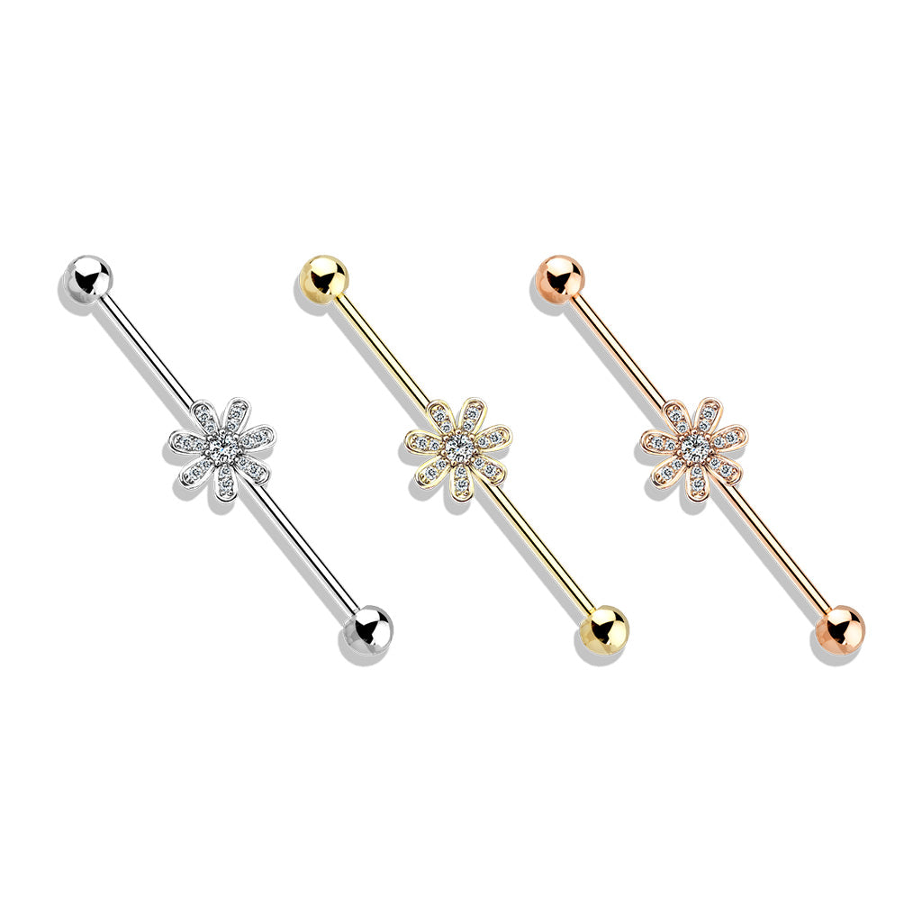 Gem Flower Steel Industrial Barbell 14g