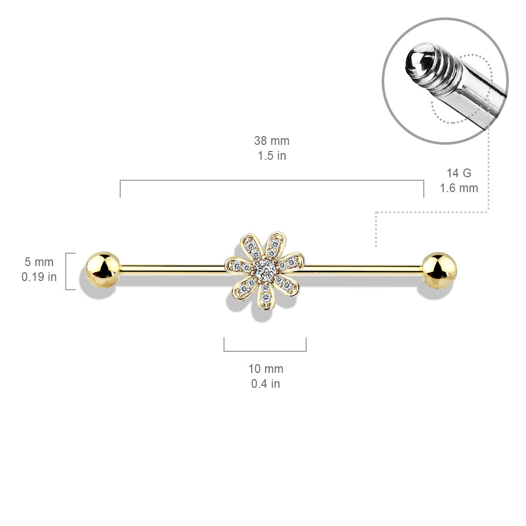 Gem Flower Steel Industrial Barbell 14g dimensions