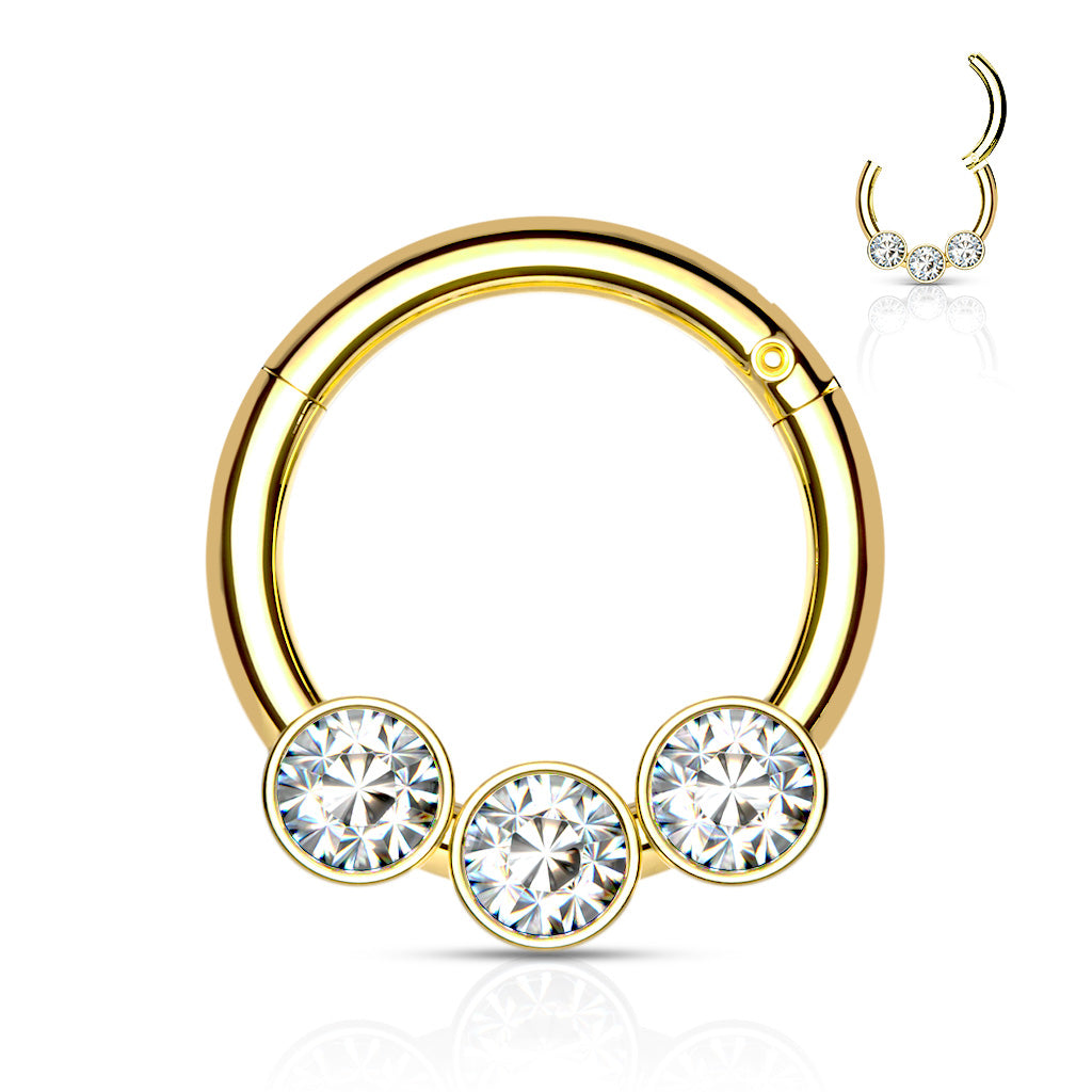 Gold 3 Bezel Set Clear Gems Hinged Clicker Ring 16g