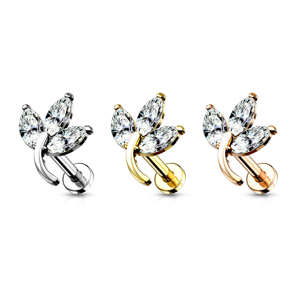 Gold 3 Marquise Gem Leaf Flat Back Stud 16g range