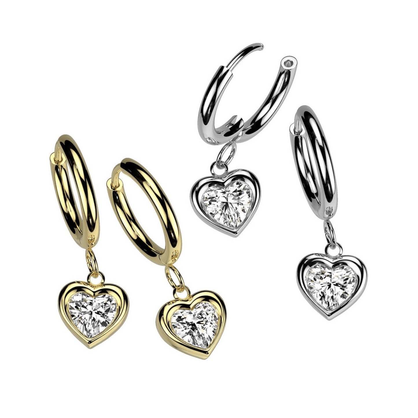 Gold CZ Heart Dangle Hoop Earrings Gold or Silver