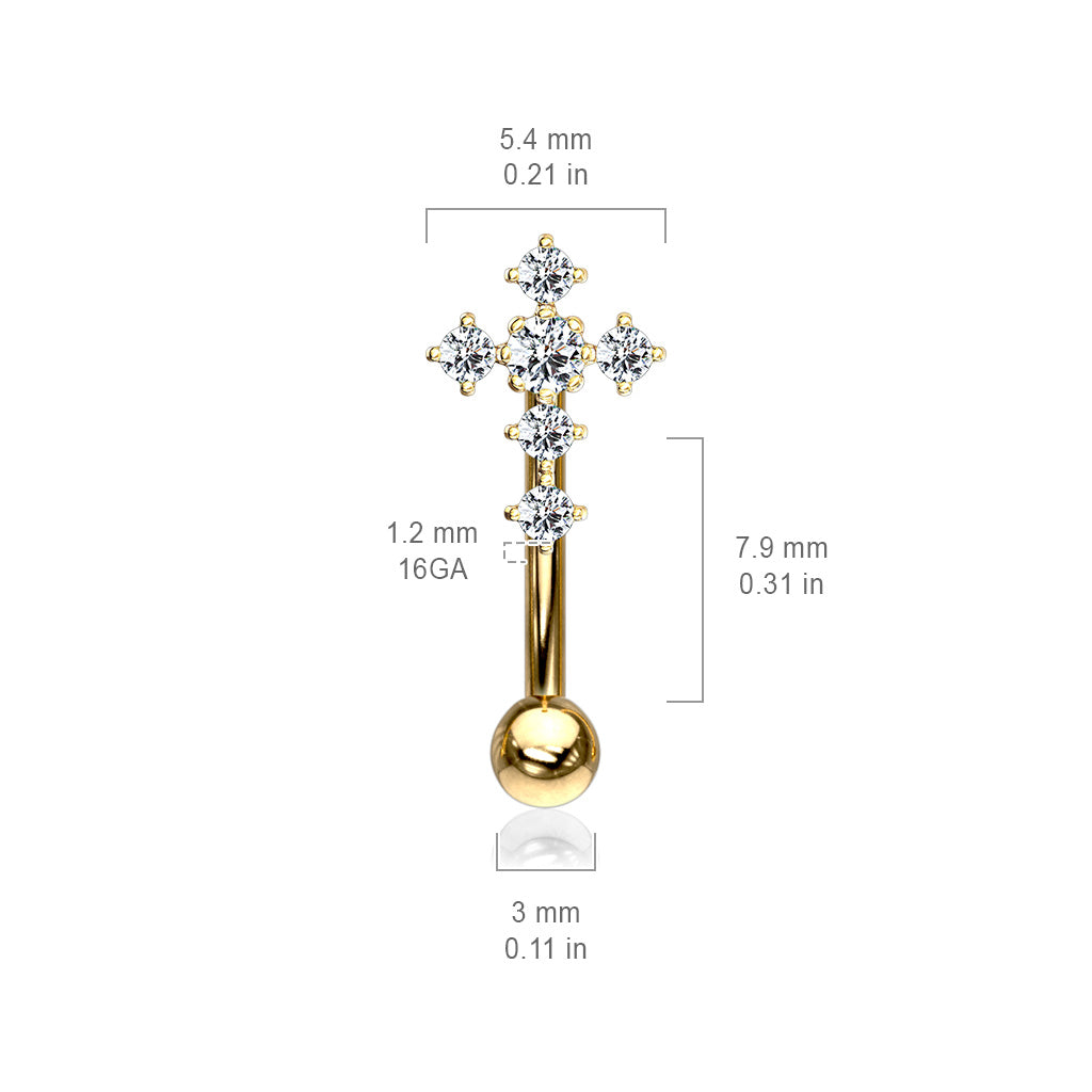 Gold Clear Gem Cross Curved Piercing Barbell 16g dimensions