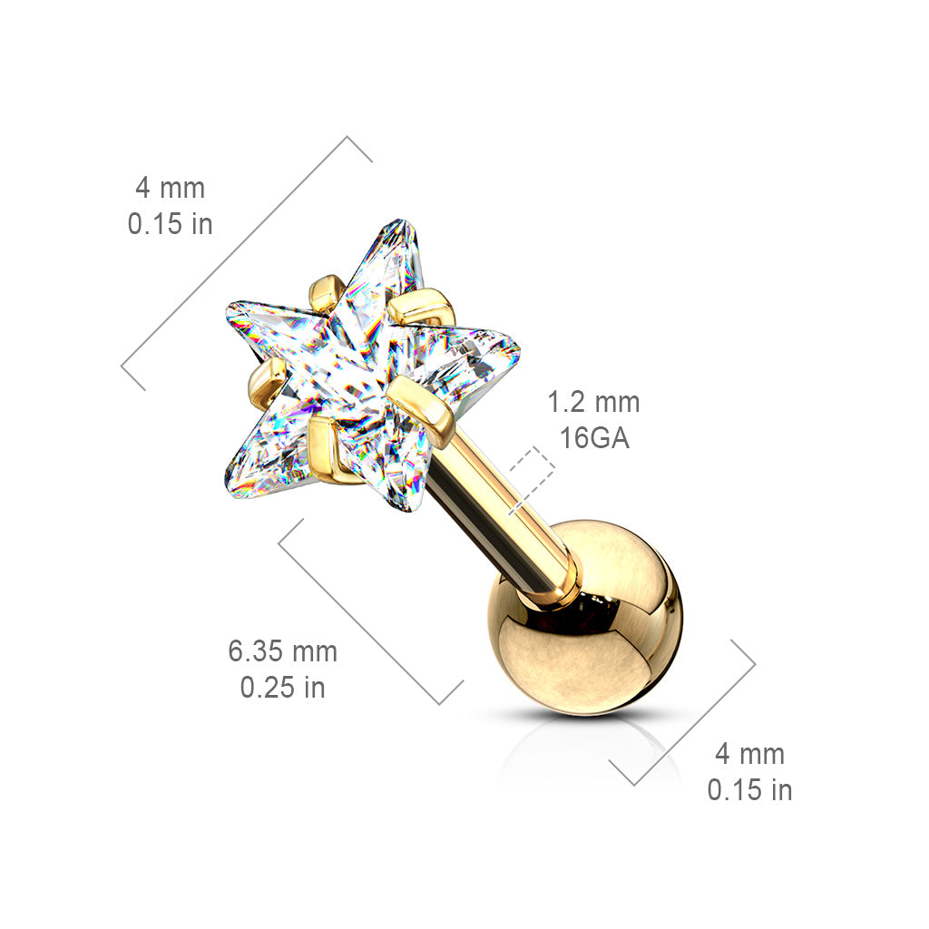 Gold Clear Gem Star Cartilage Earring Bar 16g dimensions
