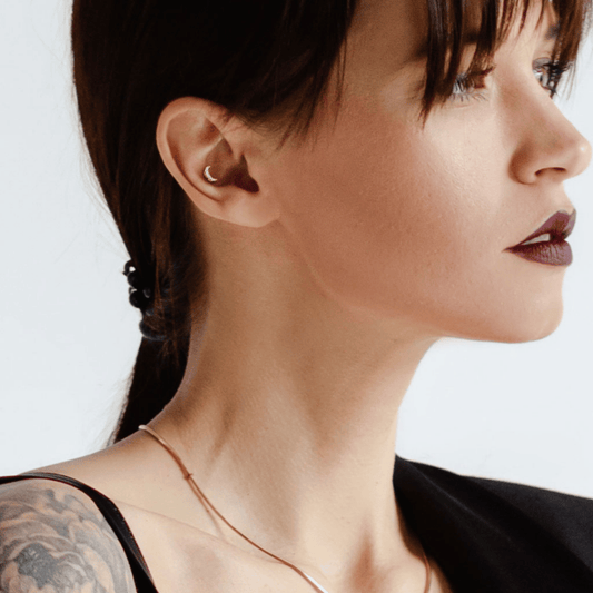 Gold IP Crescent Moon Internally Threaded Flat Back Stud worn