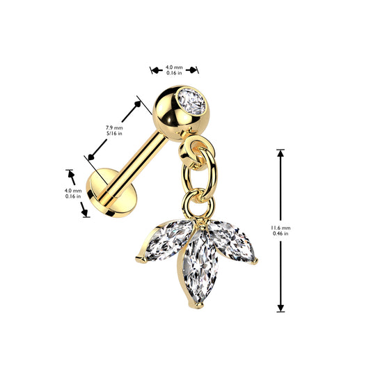 Gold Marquise Gem Dangle Threadless Flat Back Stud dimensions