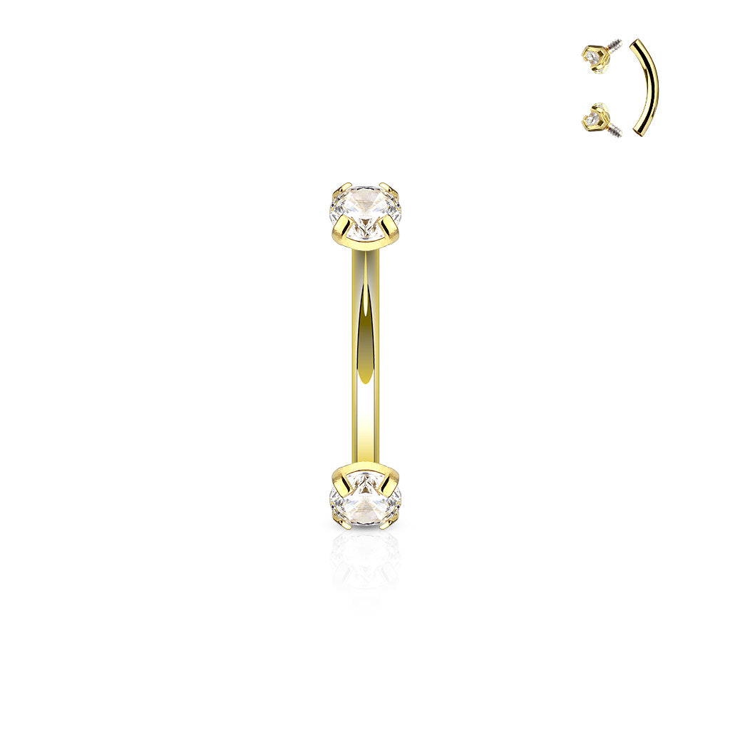 Gold Prong Set Clear Gem Curved Piercing Barbell 16g