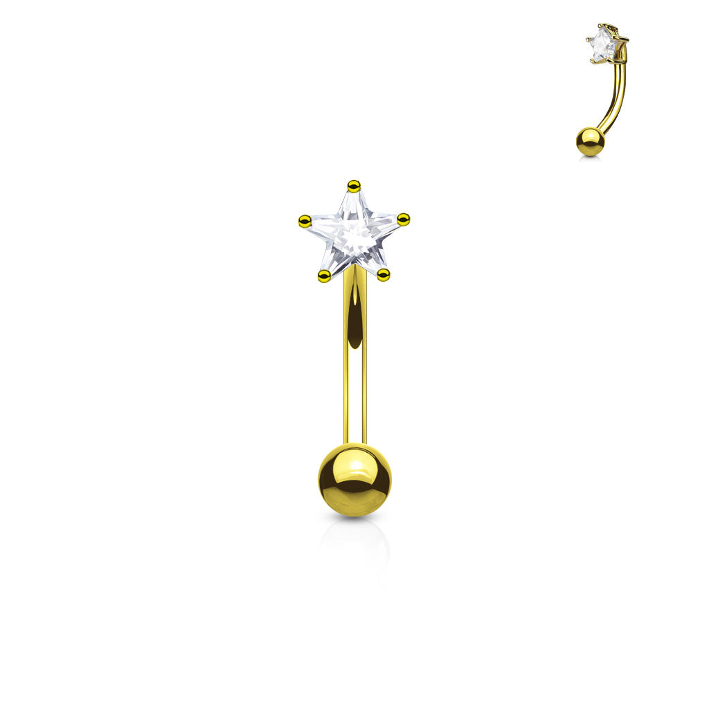 Gold Star Prong Clear Gem Curved Bar 16g