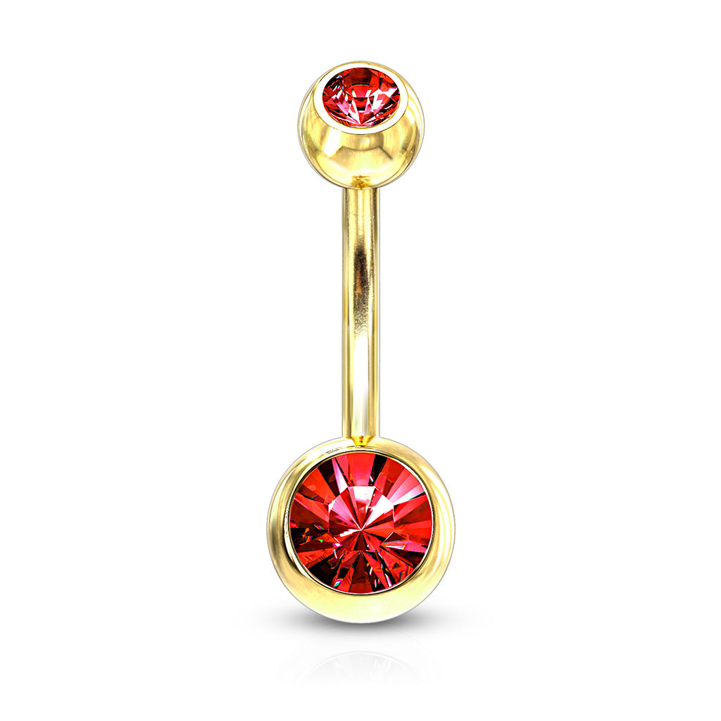 Gold Steel Double Red Gem Belly Button Bar