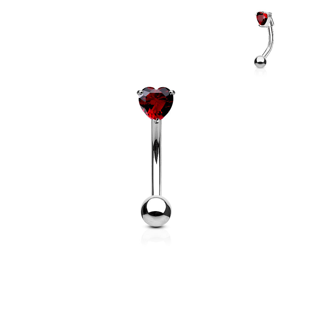 Heart Prong Red Gem Curved Barbell 16g