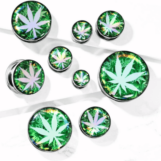 Hologram Pot Leaf Screw Fit Ear Tunnels