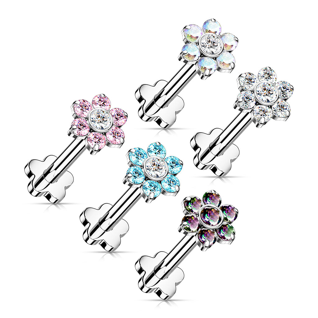 Titanium Silver Flower Clear Gem Threadless Flat Back Stud