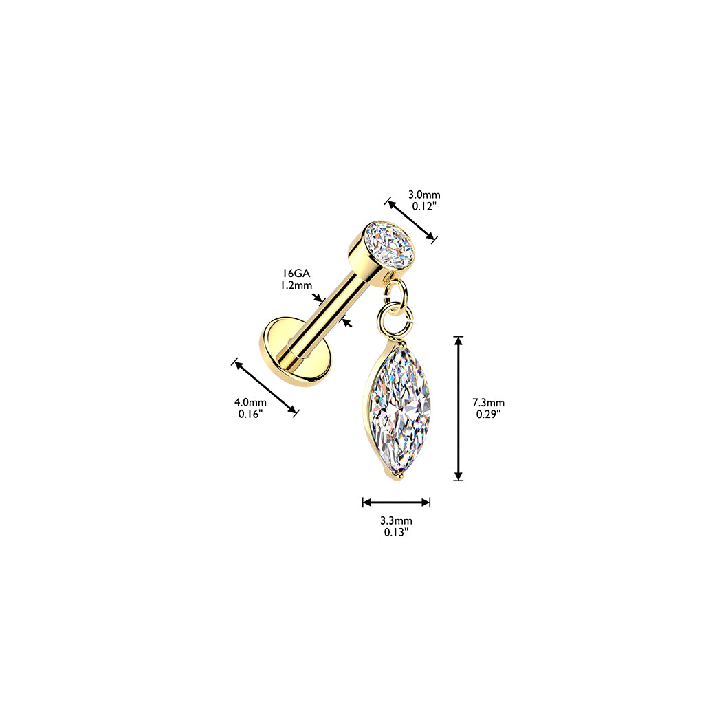 Marquise Gem Dangle Flat Back Stud 16g dimensions