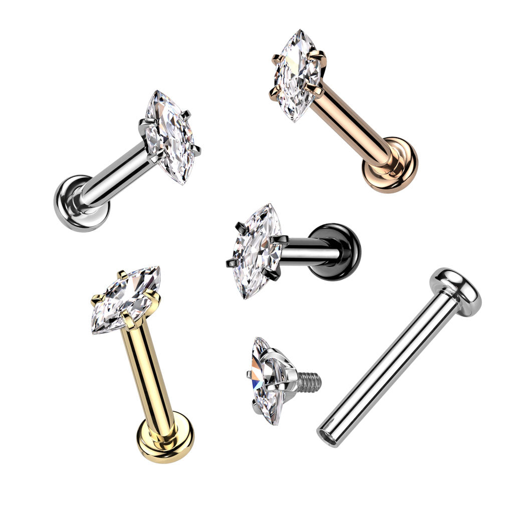 Marquise Gem Internally Threaded Flat Back Stud 16g