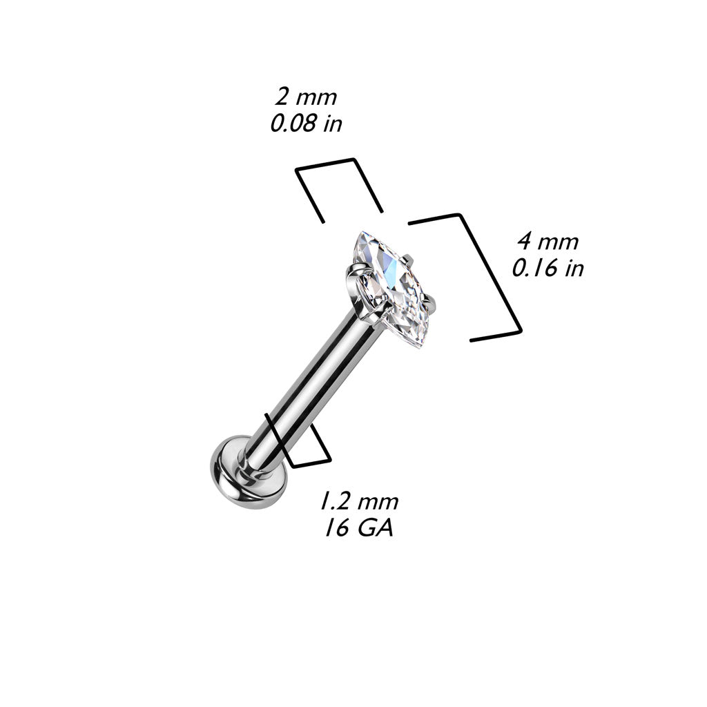 Marquise Gem Internally Threaded Flat Back Stud 16g dimensions