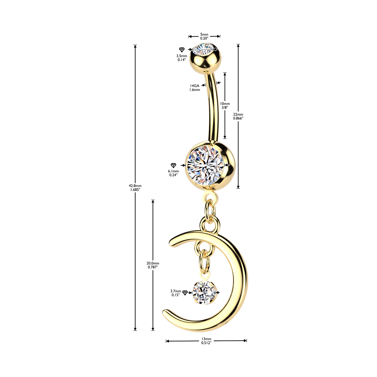 Moon Gem Dangle Belly Button Bar 14g dimensions