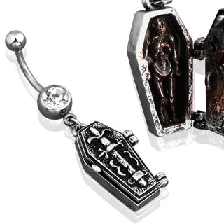 Silver Steel Coffin Dangle Belly Button Bar 14g