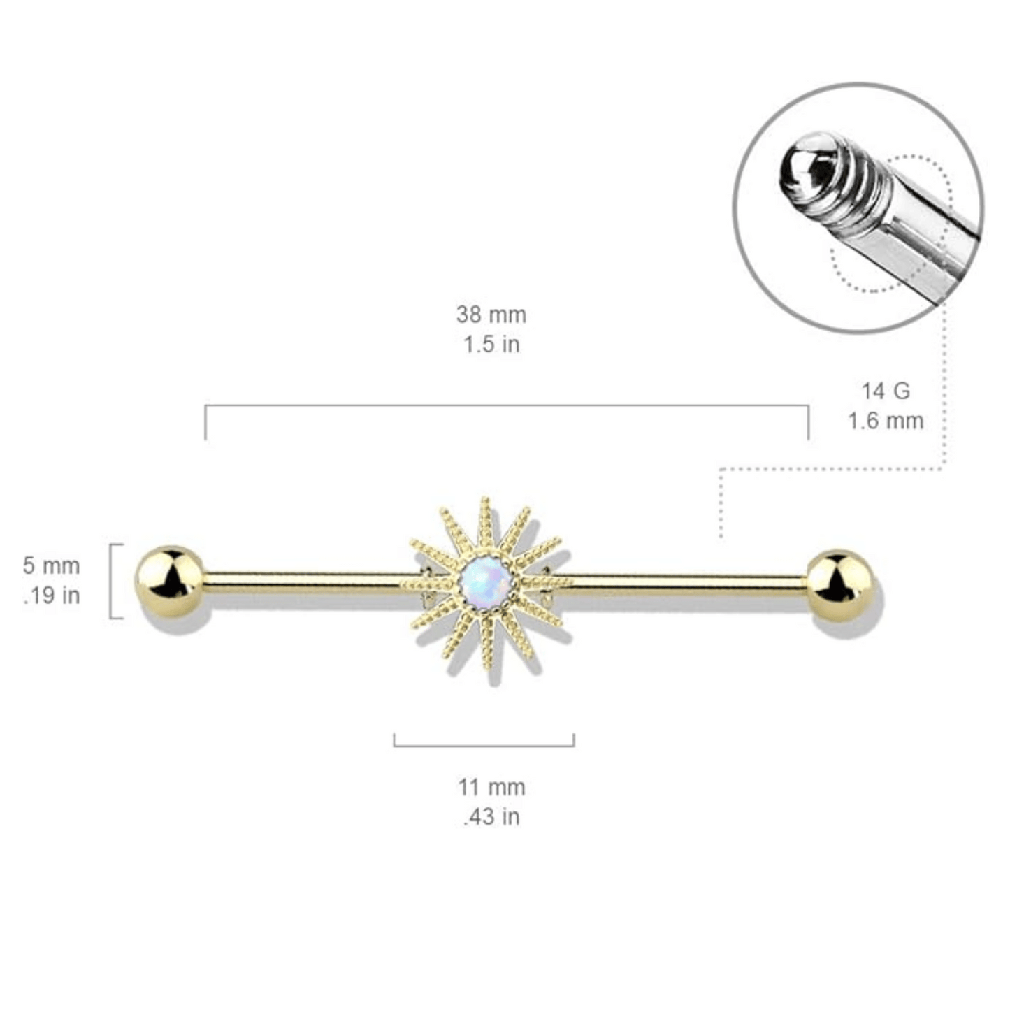 Opal Center Sunburst industrial Barbell Gold dimensions