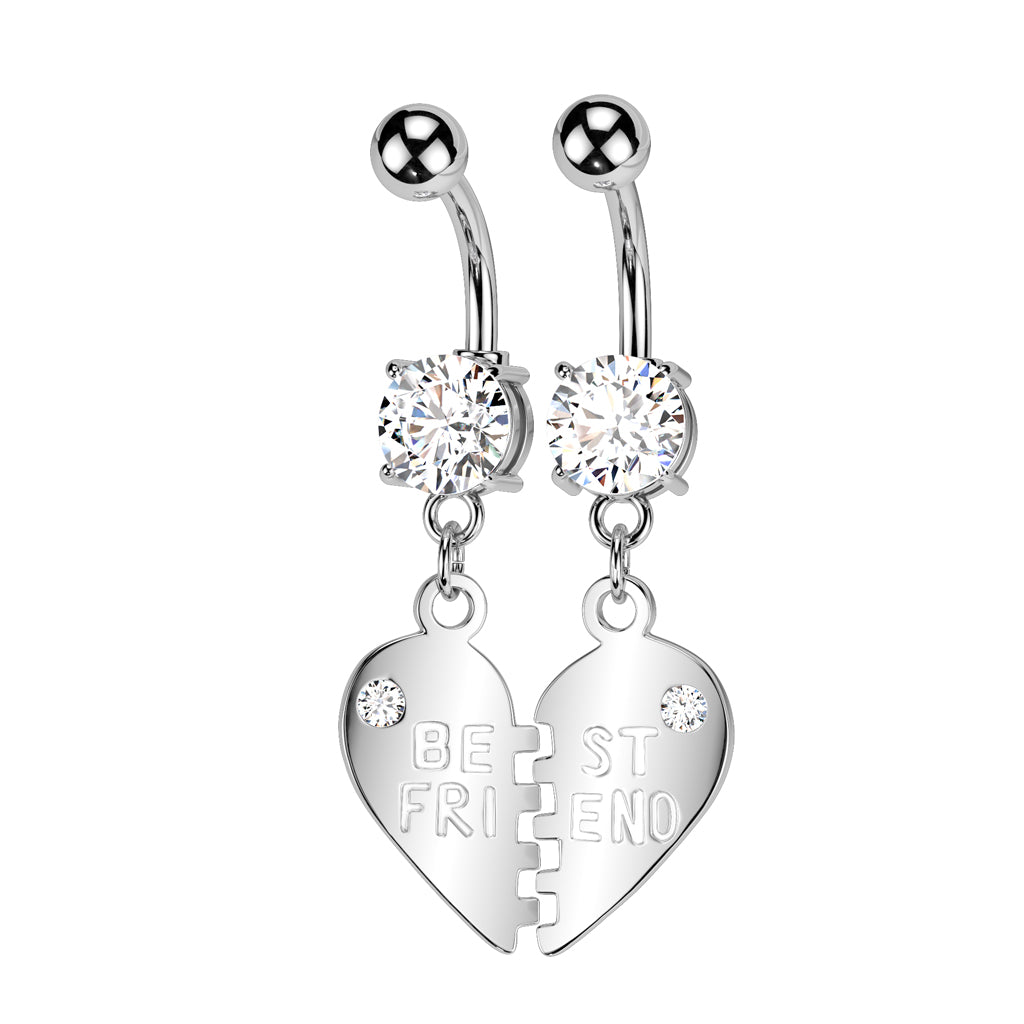 PAIR Silver Clear Gem 'Best Friend' Dangle Belly Button Bars
