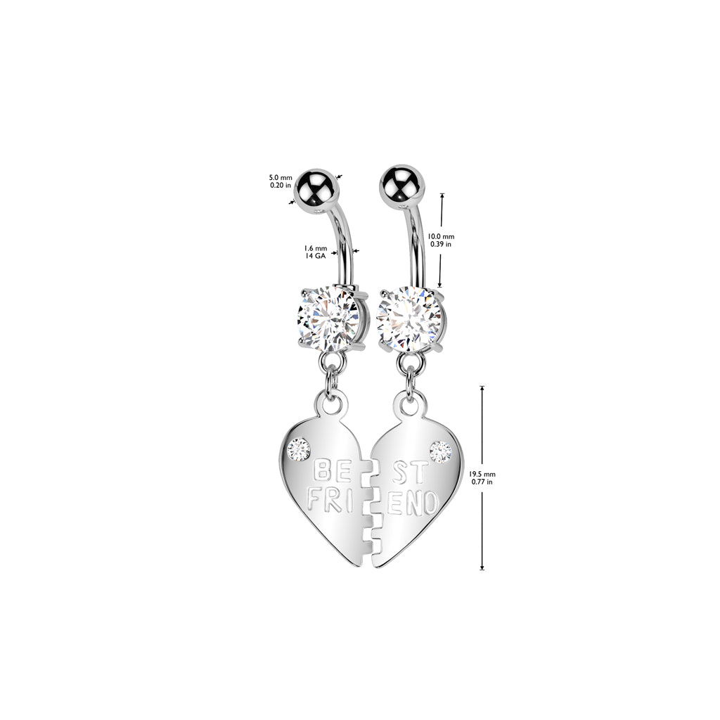 PAIR Silver Gem 'Best Friend' Dangle Belly Button Bars Dimensions