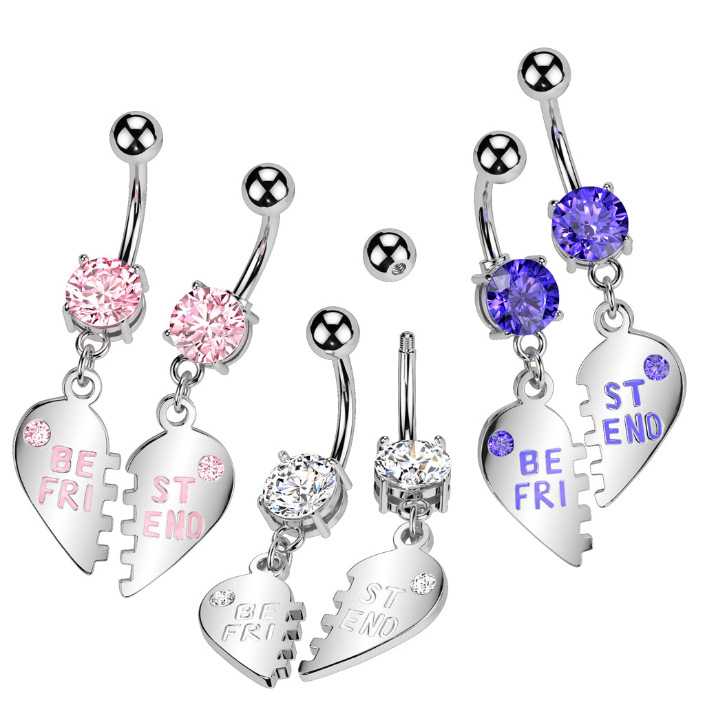 PAIR Silver Gem 'Best Friend' Dangle Belly Button Bars range