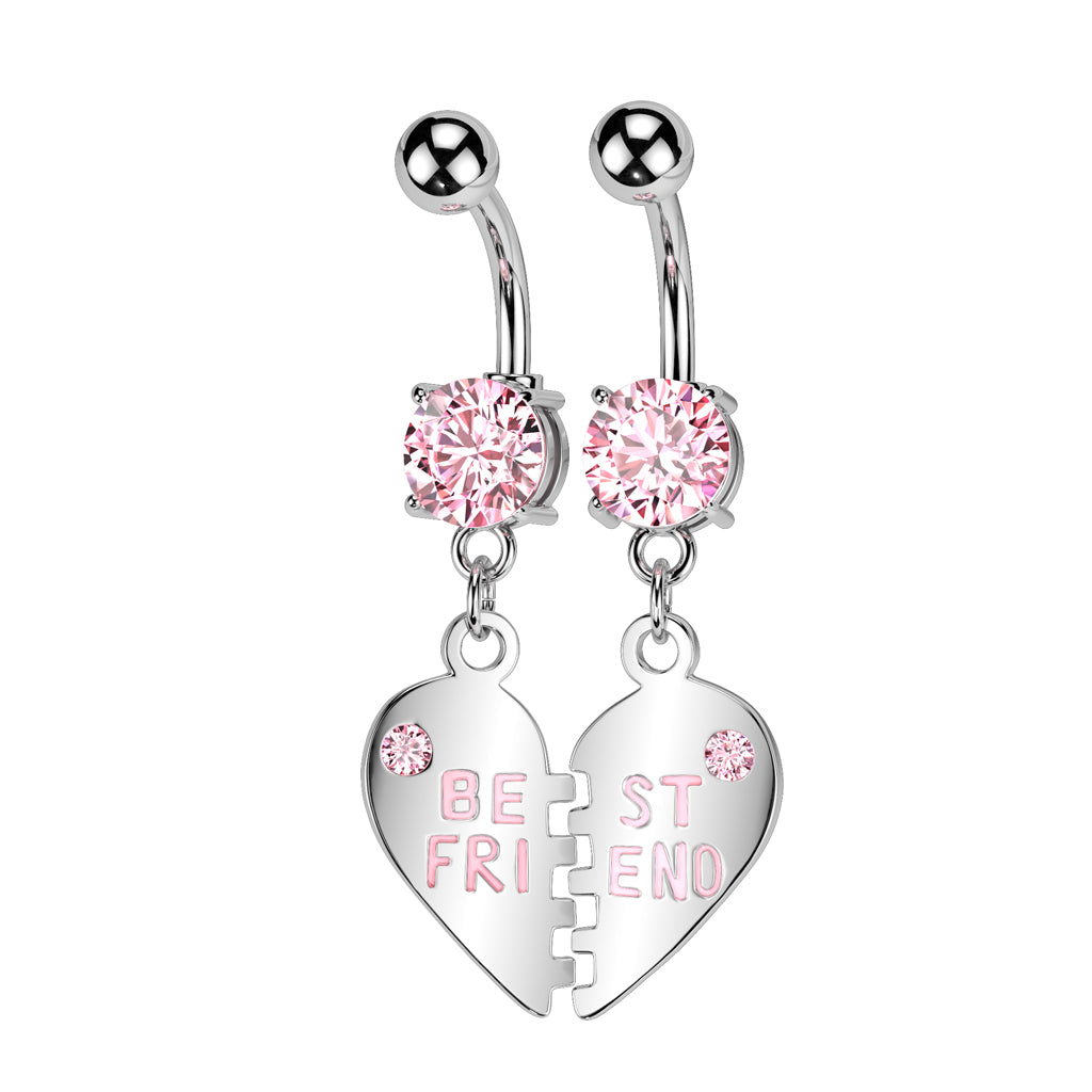 PAIR Silver Pink Gem 'Best Friend' Dangle Belly Button Bars