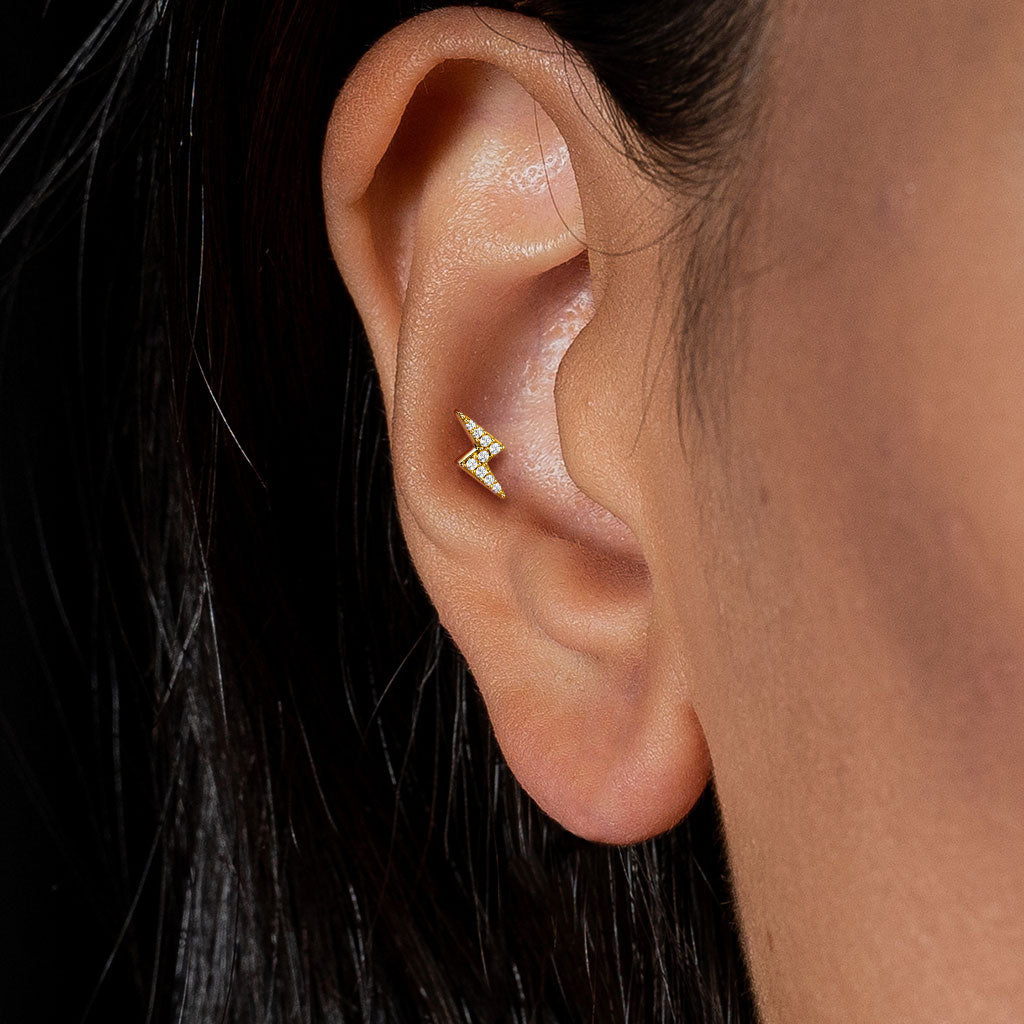 Paved Gem Lightning Bolt Flat Back Earring Stud 16g