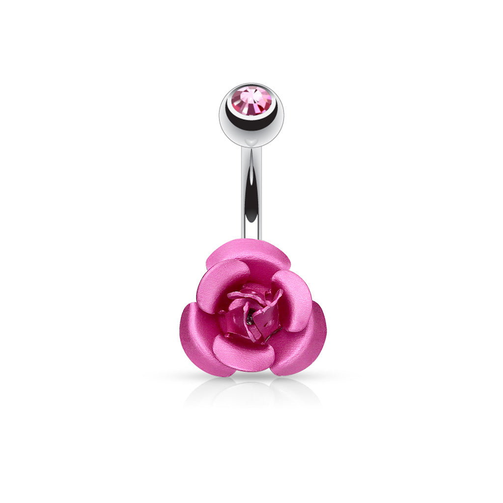 Pink Rose Steel Belly Button Bar 14g