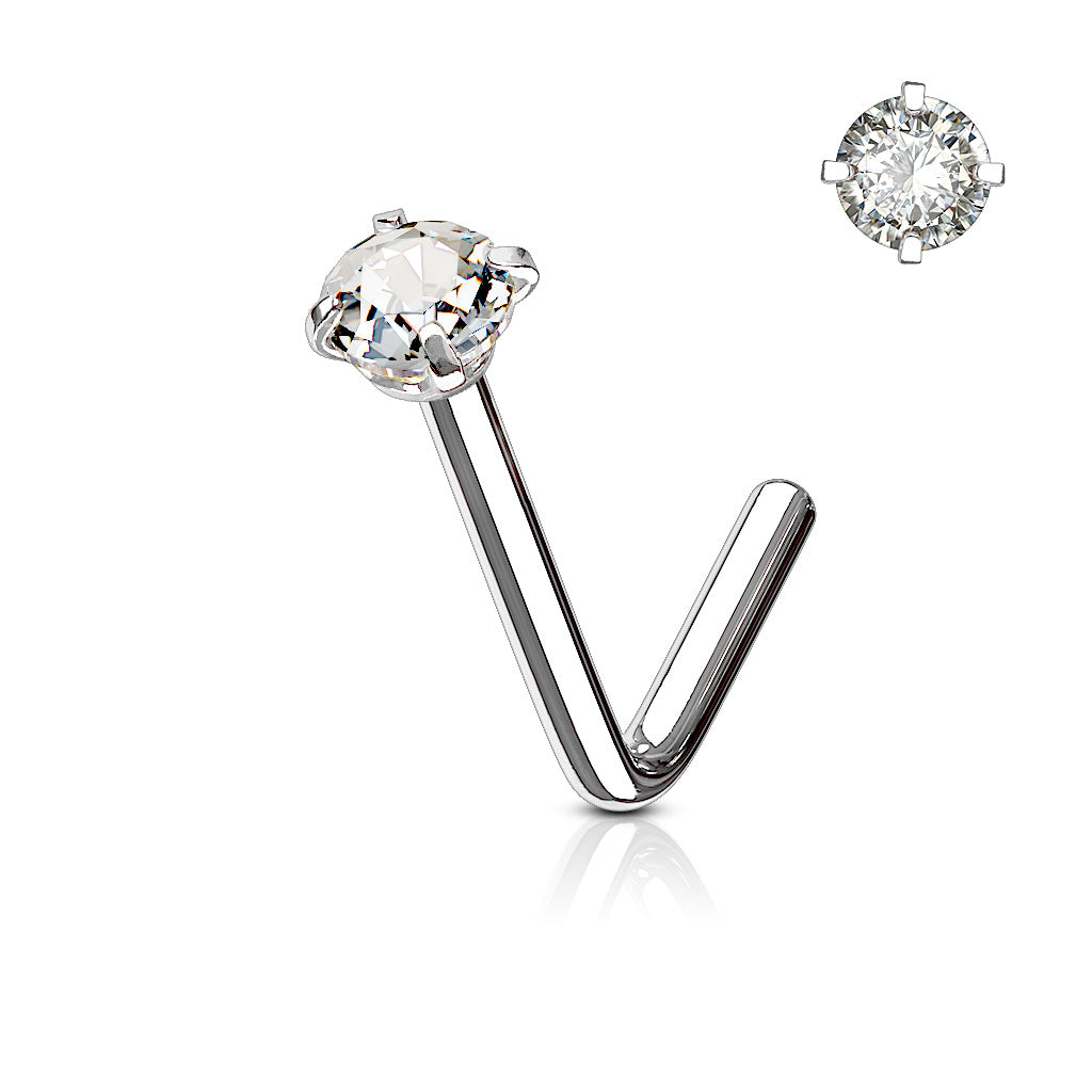 Prong Set Clear Gem Nose 'L' Bend Stud